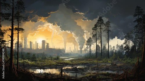 Dramatic view of industrial pollution over a forest with a cloudy orange sky 