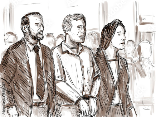 Pastel pencil pen and ink sketch illustration of an convicted defendant convict accompanied buy lawyer for sentencing hearing in courtroom or court of law drawing. (ID: 789814257)