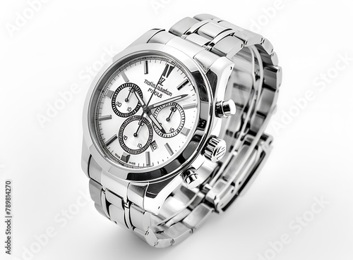 Stylish men's watch on a white background, silver colored, isolated, in the style of high resolution photography, high quality, high definition, detailed