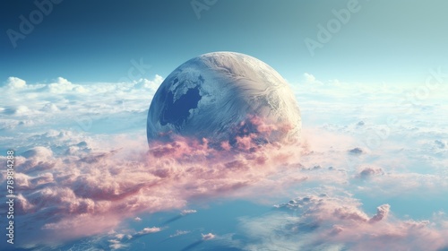 Surreal view of a gigantic planet rising above soft pink clouds in a blue sky
 photo