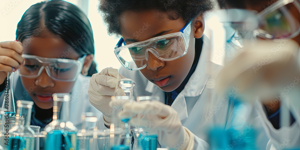 close up of young students in lab coats and safety glasses working, generative AI close up of young students in lab coats and safety glasses working, generative AI