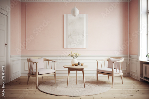 Find solace and comfort in a Scandinavian haven featuring two chrs  a central table  and an empty canvas agnst a backdrop of pure pink  white  or yellow  
