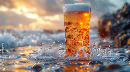 フラットカラーの無地の背景にビールの商品写真 < Generative AI >