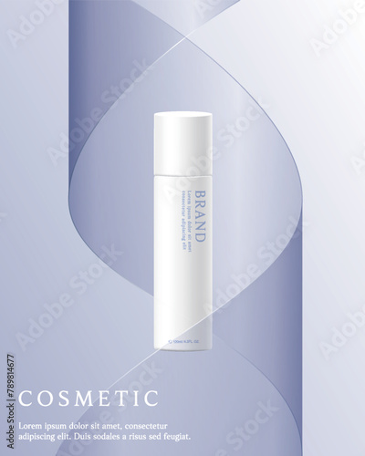 Cosmetic product ads template on purple background with ribbon.