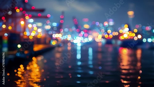 Defocused night scene of a busy harbor with ling lights and silhouettes of ships showcasing the evolution of international trade and commerce. . photo