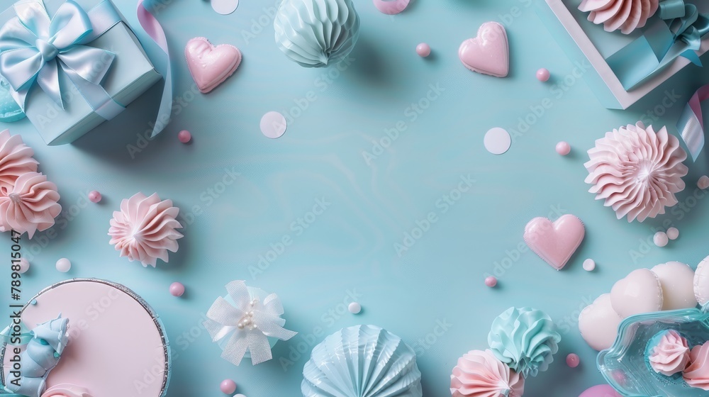 Pastel blue party decor flat lay: elegant border arrangement, top view concept for celebrations and events Pastel blue party decor flat lay: elegant border arrangement, top view concept for celebrations and events