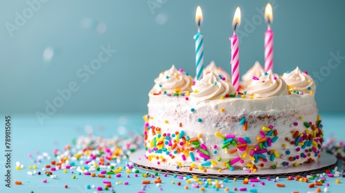 Delicious birthday cake celebration: freshly baked cake with four candles on vibrant blue background - joyful party scene