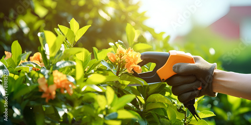 hand holding a watering can Fresh Biodiversity on a blurred sunlight background photo