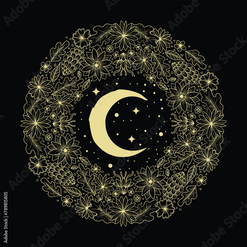Crescent moon illuminates the garden of imagination full of flowers and stars