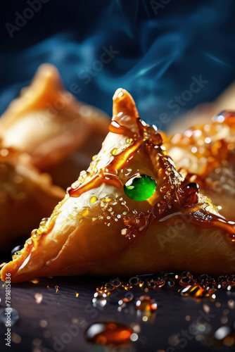 Samosa, samsa or somsa is a triangular fried cake. The filling is boiled potatoes seasoned with spices mixed with peas, onions, cilantro, and sometimes paneer. This snack is popular in Central Asia, S photo