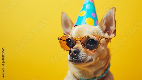 Cute chihuahua dressed up for birthday bash on vibrant yellow background