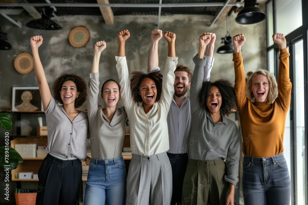 Fototapeta premium Diverse group of professionals celebrating success with raised arms in modern office building setting