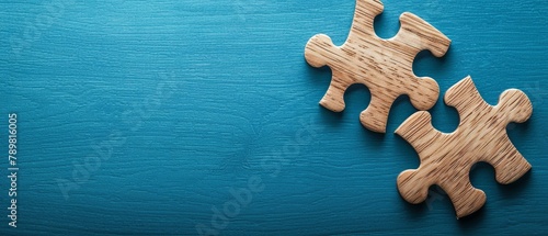 Wooden puzzle pieces joined together on a cerulean background, metaphor for effective teamwork and cooperation