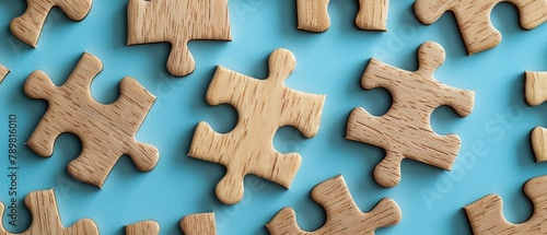 Wooden puzzle pieces joined together on a cerulean background, metaphor for effective teamwork and cooperation photo