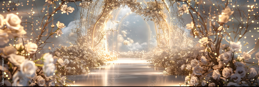 Naklejka premium The scene of a luxurious royal palace wedding hall with many flowers , Wedding luxury path background, romantic setting for a wedding where the moonlit garden of flowers 