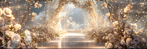  The scene of a luxurious royal palace wedding hall with many flowers , Wedding luxury path background, romantic setting for a wedding where the moonlit garden of flowers 