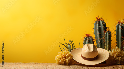 Cinco de Mayo banner background concept with sombrero hat ornament, cactus and flowers © ma