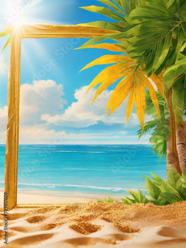 GENERATIVE AI  Summer background with frame  nature of tropical golden beach with rays of sun light and leaf palm. Golden sand beach close-up  sea  blue sky  white clouds. Copy space  summer vacation 