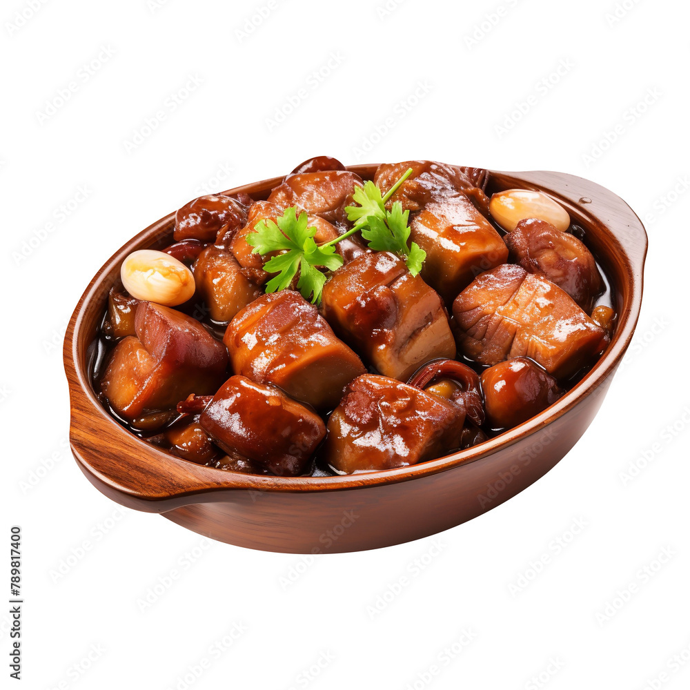 Mouth Watering Braised Pork Belly with Chestnuts Isolated On White Background Mouth Watering Braised Pork Belly with Chestnuts Isolated On White Background