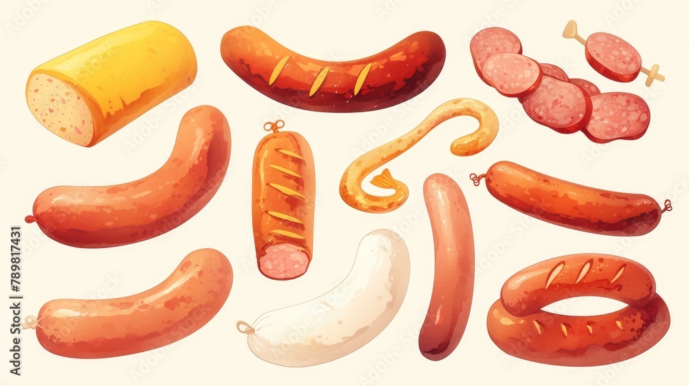 2d illustration of various sausages in a cartoonish playful style including both pork and soy options These cute and funny meat themed cliparts are isolated on a white background perfect fo 2d illustration of various sausages in a cartoonish playful style including both pork and soy options These cute and funny meat themed cliparts are isolated on a white background perfect fo