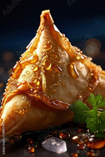 Samosa, samsa or somsa is a triangular fried cake. The filling is boiled potatoes seasoned with spices mixed with peas, onions, cilantro, and sometimes paneer. This snack is popular in Central Asia, S photo