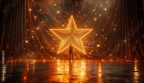 Theater stage with golden star backdrop and spotlight on male dancer standing in front of the curtain. Broadway stage