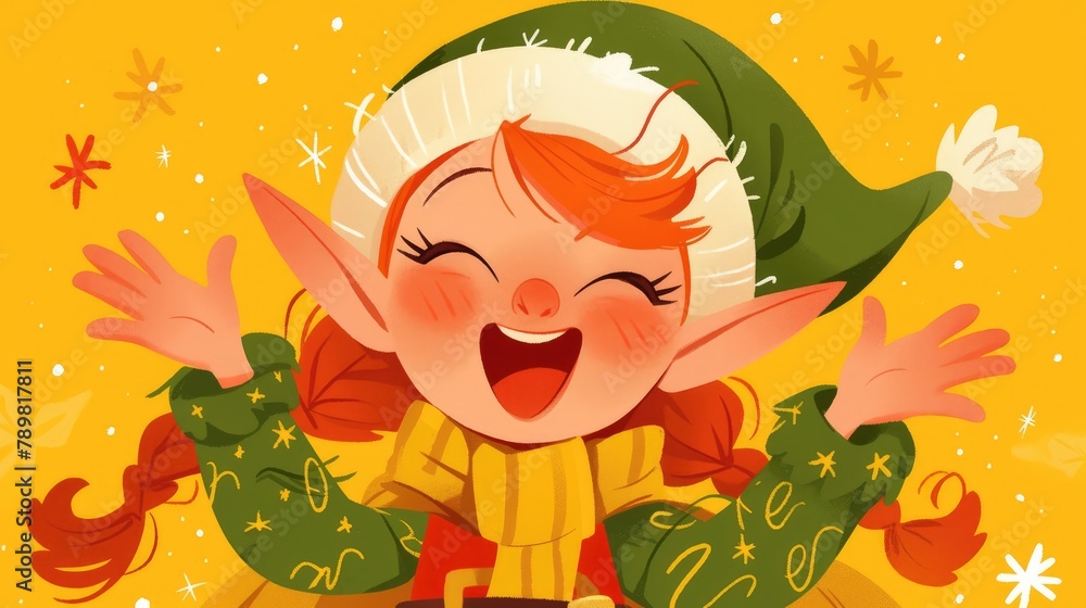Naklejka premium A cheerful Christmas elf from a cartoon joyfully waves and beams with a smile