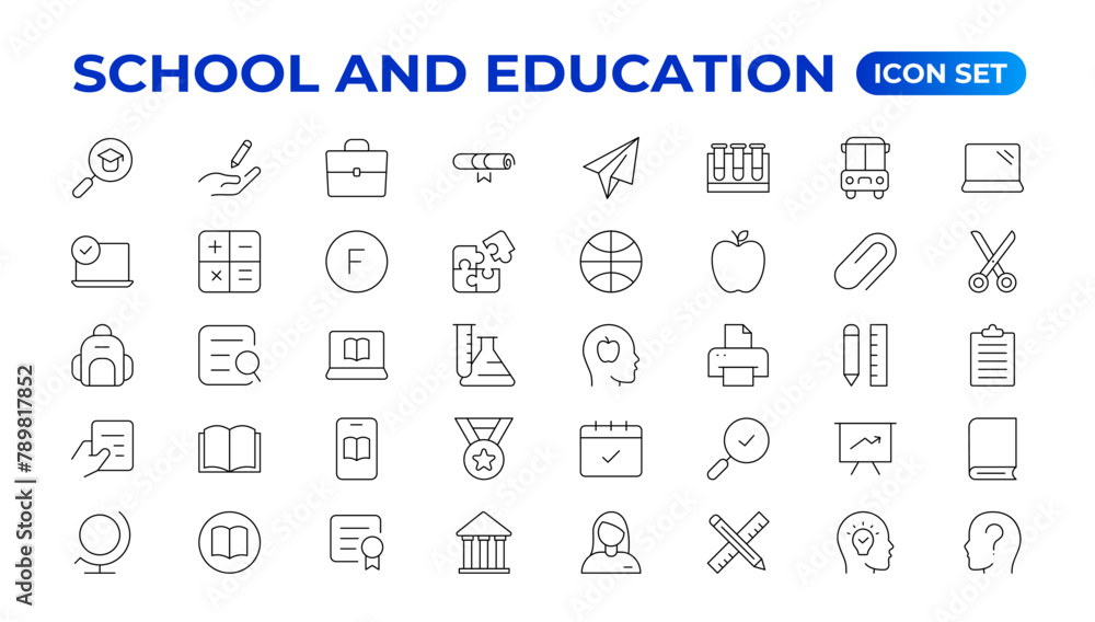 Back to school icon set with different vector icons related to education, success, academic subjects, and more. Education Learning thin line set. Education, School, editable stroke icons. Back to school icon set with different vector icons related to education, success, academic subjects, and more. Education Learning thin line set. Education, School, editable stroke icons.