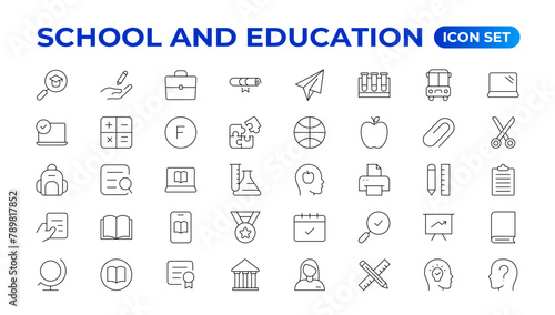 Back to school icon set with different vector icons related to education, success, academic subjects, and more. Education Learning thin line set. Education, School, editable stroke icons.