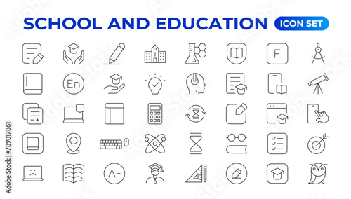 Back to school icon set with different vector icons related to education, success, academic subjects, and more. Education Learning thin line set. Education, School, editable stroke icons.