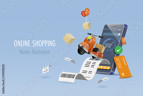 Online shopping, delivery service and payment. Scooter riding on receipt bill on mobile app. Express home delivery wireless technology. 3D vector.