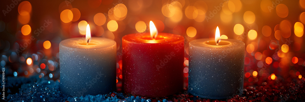 A Group of Red and Blue Candles Sitting Next to,
Advent candles burning in the dark creating abstract defocused lights
