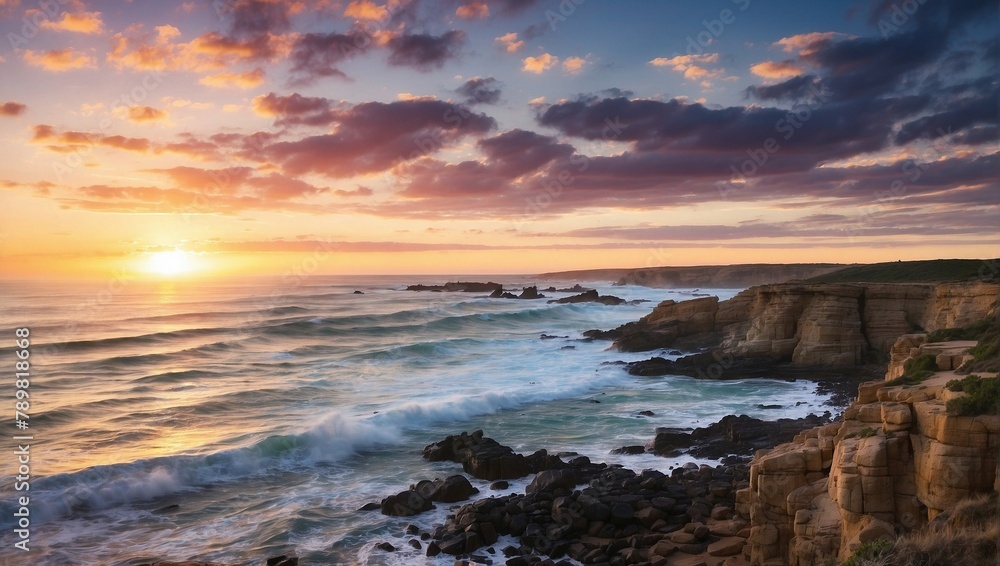 The sea beat against the rocky coast at beautiful sunset. Phillip Island.melbourne
