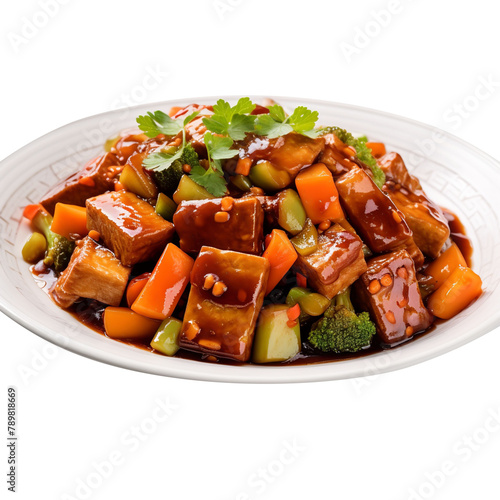 Delicious Braised Tofu with Vegetables Hui Guo Rou Isolated On White Background  photo