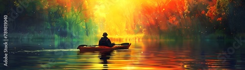A solitary kayaker enjoys the mystic beauty of a river winding through a forest bathed in the golden light of sunset.