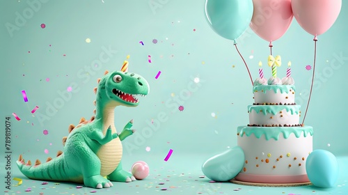 Dynamic dinosaur celebration: cute dino with birthday cake, confetti, and balloons © Ashi