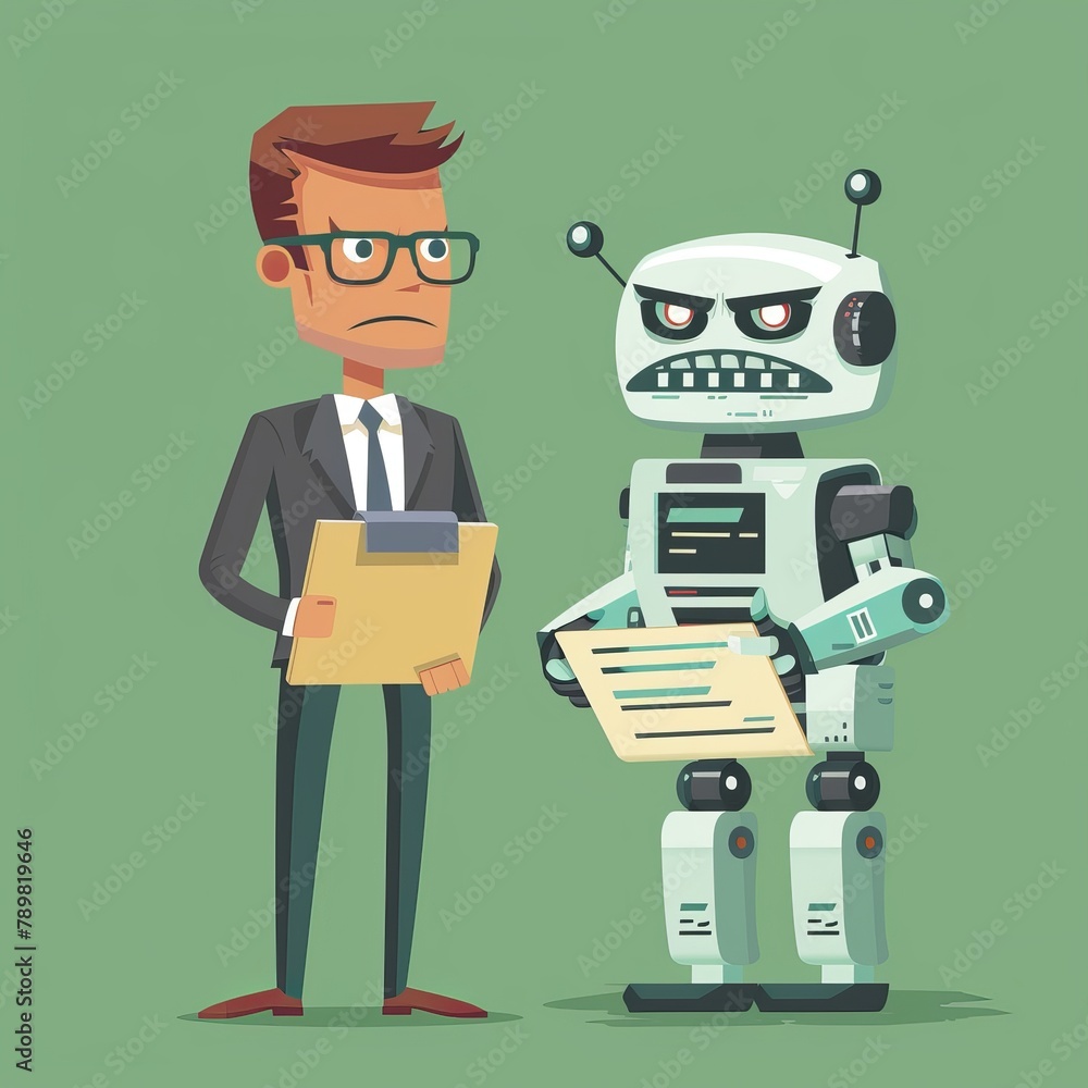 A man in a suit stands next to a robotic figure, both gazing at a clipboard the robot holds, studying a paper A man in a suit stands next to a robotic figure, both gazing at a clipboard the robot holds, studying a paper