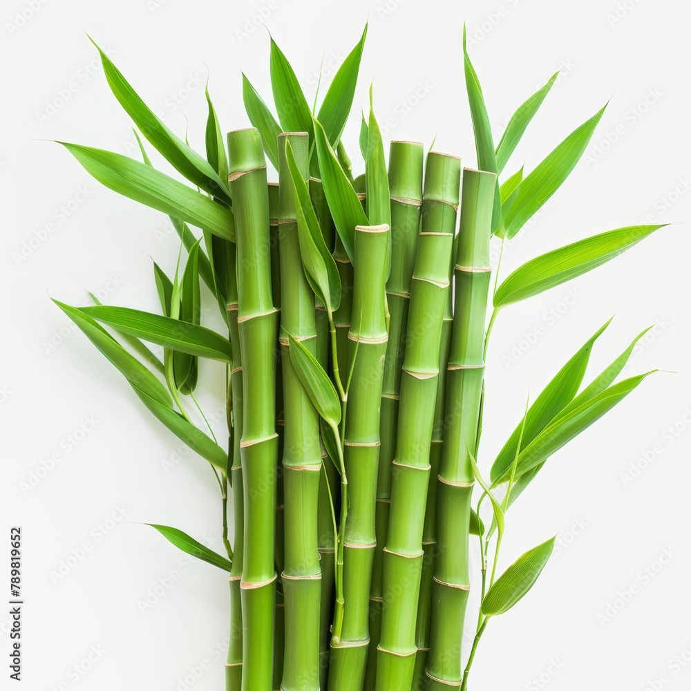 A tight shot of green bamboo cluster against a pristine white backdrop, featuring a simple white wall behind A tight shot of green bamboo cluster against a pristine white backdrop, featuring a simple white wall behind