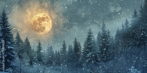  Full moon in the sky, trees with snow-covered foreground © Jevjenijs