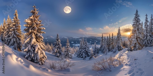   A snowy mountain's peak, where the sun sets, holds pine trees and nearer snow-covered mountains In the distant horizon, a full moon rises photo