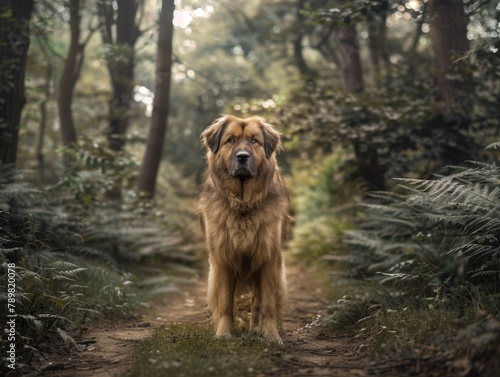   A large brown dog stands atop a dirt road, surrounded by a forest teeming with tall grass and trees