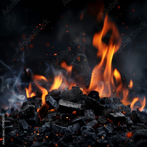  A pile of coal atop a fire pit, adjacent piles of rocks and fire extinguisher nearby