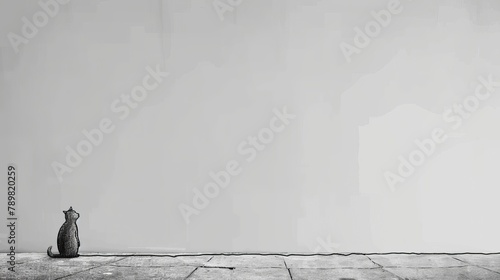  A monochrome image of a cat seated on a tiled floor, opposite a gray wall background
