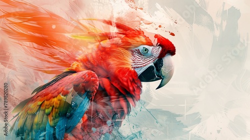 an abstract parrot portrait infused with colorful double exposure paint © growth.ai