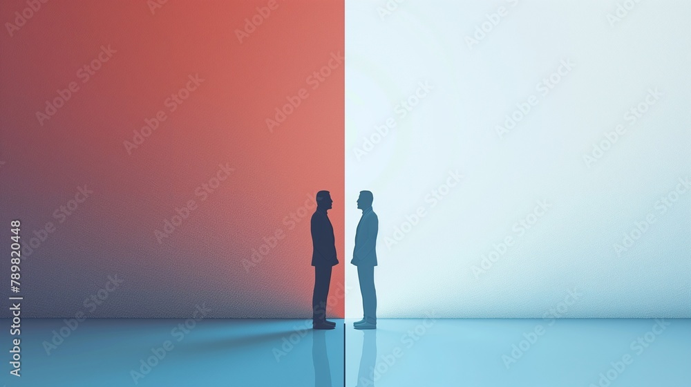 An image depicting a mediator concept, showcasing two business opponents engaged in a dispute with a mediator intervening to find a solution, symbolizing conflict resolution in a corporate setting. An image depicting a mediator concept, showcasing two business opponents engaged in a dispute with a mediator intervening to find a solution, symbolizing conflict resolution in a corporate setting.
