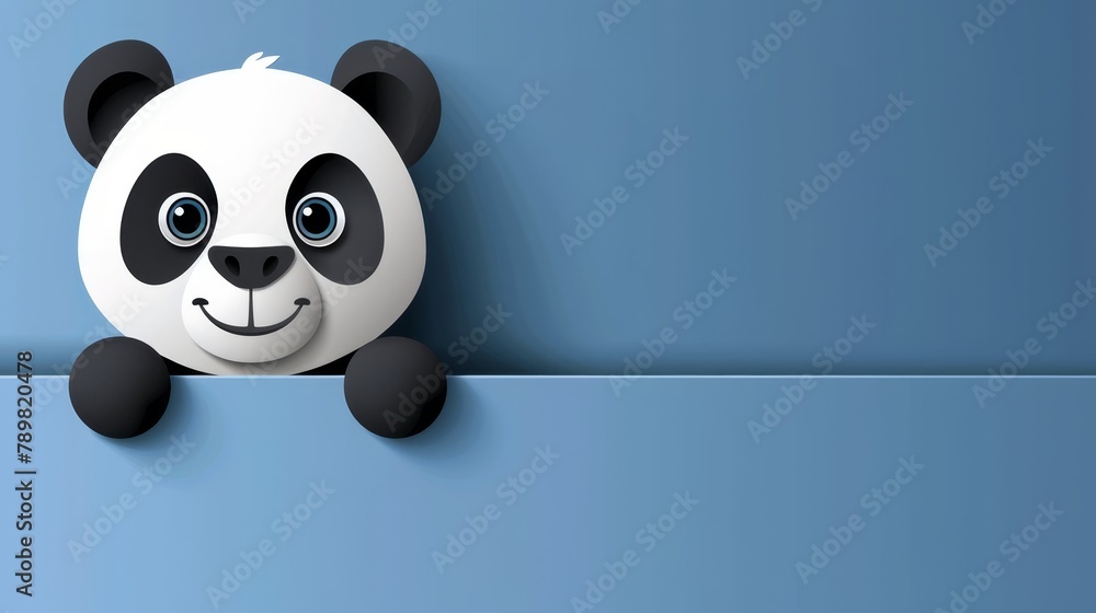 A panda peeks from a blue corner, its black-and-white visage echoed on the wall A panda peeks from a blue corner, its black-and-white visage echoed on the wall