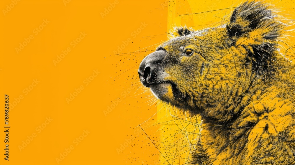 Obraz premium A Koala up-close against a yellow background, yellow foreground; its face depicted in black and white within a separate image