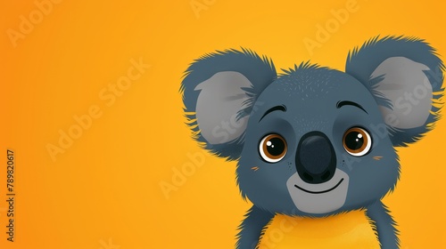   A koala in tight focus on a yellow backdrop, sporting a black snout and a yellow bib collar photo