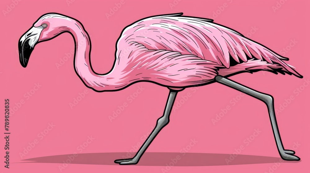 Naklejka premium A pink flamingo stands on hind legs, legs splayed, head tilted to the side