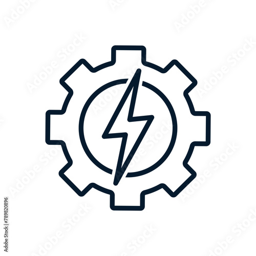 Gear and lightning. Mechanical energy concept, charging settings. Vector linear icon isolated on white background.
